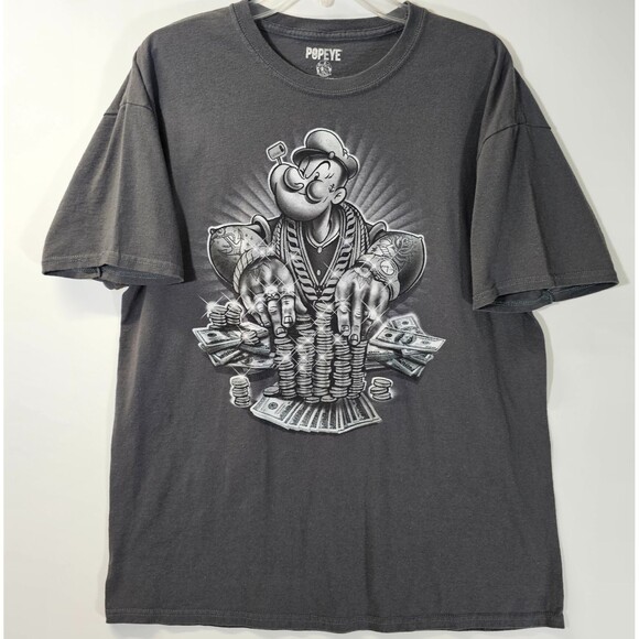 Popeye Money Stacks Graphic T-Shirt Black Size XL Hustle Cartoon Tee - Picture 1 of 5